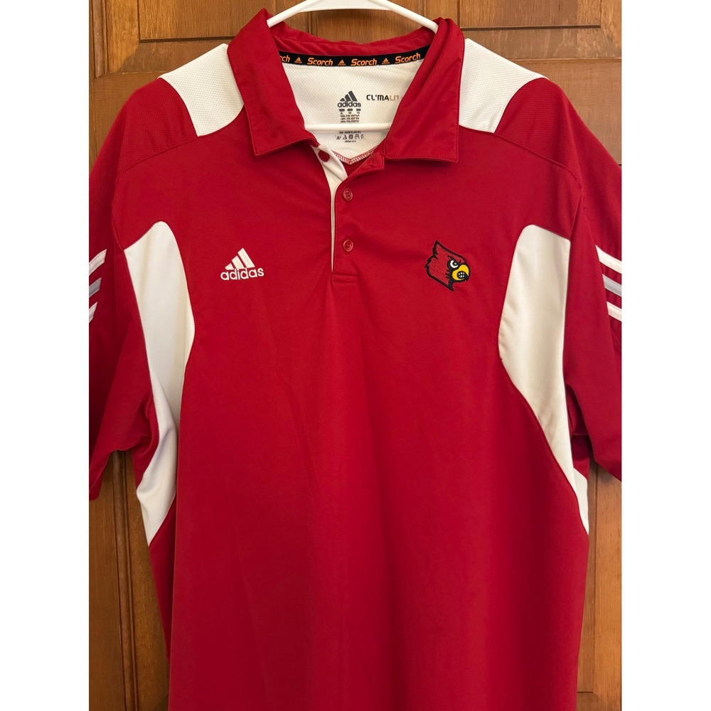 Louisville Cardinals Adidas Polo Shirt Mens XL Red ClimaLite Scorch SS Cards ACC